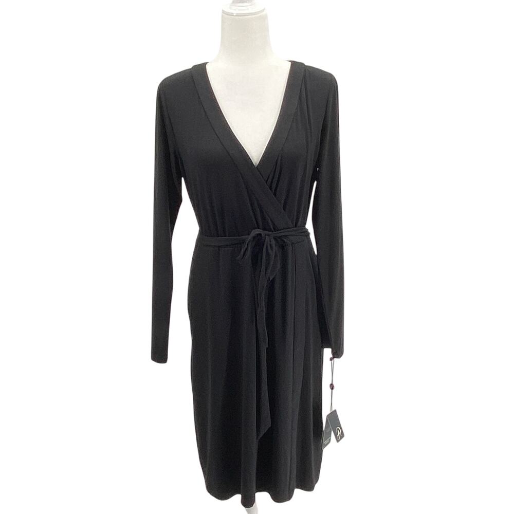 Adrianna Papell Women Black Faux Wrap Dress Size 8 Long Sleeve Tie Waist NWT